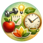 Ilustração de saúde e bem-estar com maçã, haltere, relógio, chá, lista de hábitos e símbolo de equilíbrio, representando estilo de vida saudável