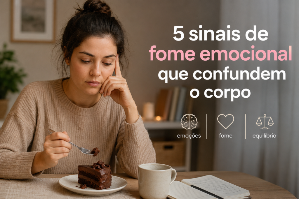 Mulher pensativa a comer bolo ilustrando 5 sinais de fome emocional que confundem o corpo
