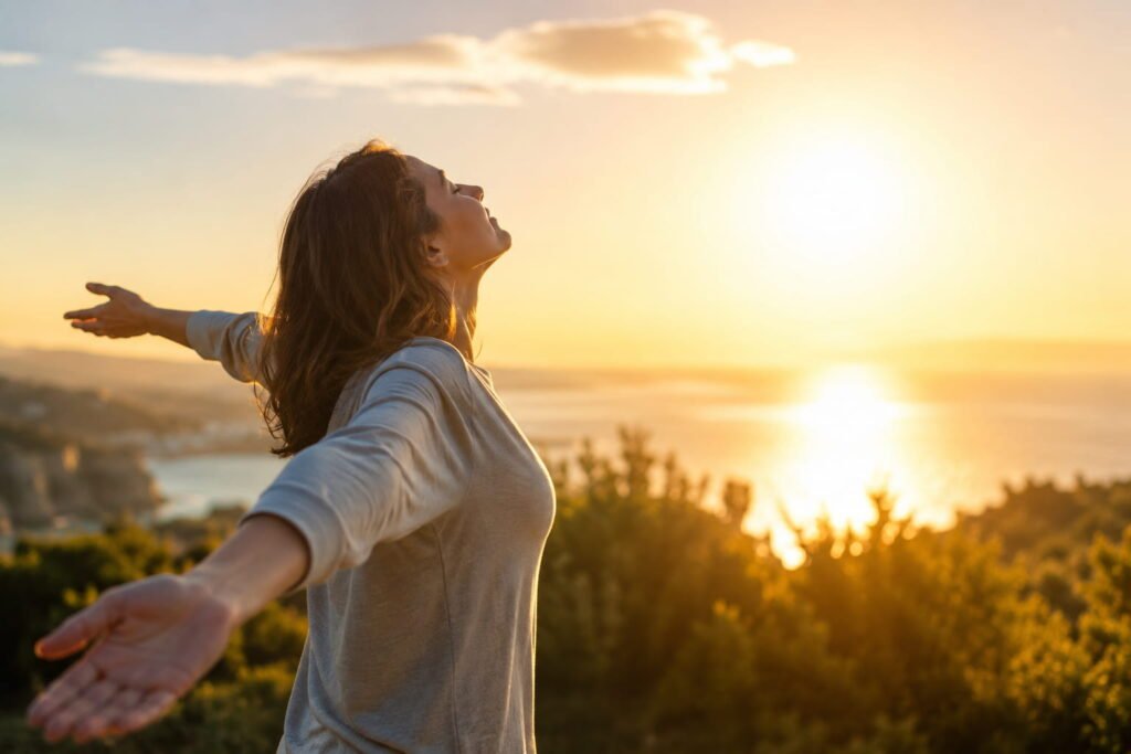 Mulher ao sol durante o pôr do sol associada ao défice de vitamina D e bem-estar