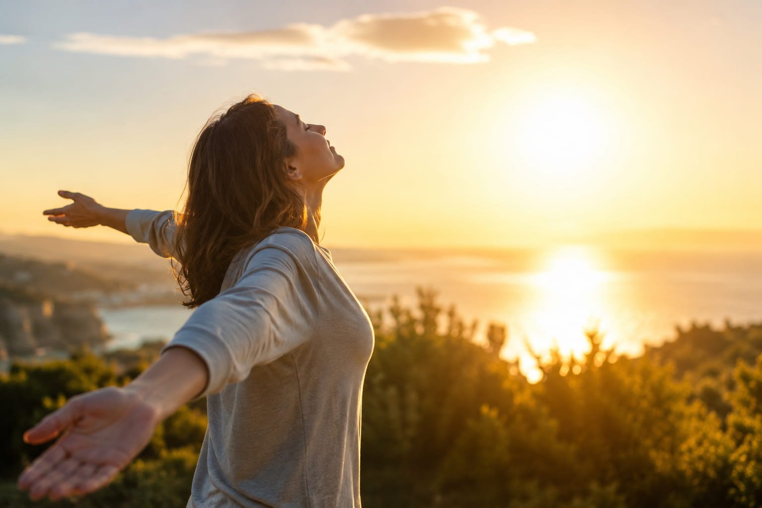 Défice de vitamina D: sinais que não deve ignorar Mulher ao sol durante o pôr do sol associada ao défice de vitamina D e bem-estar