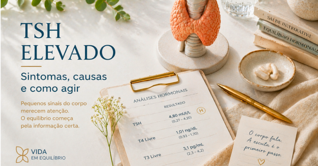 TSH elevado: sintomas, causas e como agir com análise hormonal e representação da tiroide, Vida em Equilíbrio