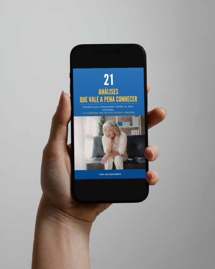 Ebook Vida em Equilíbrio com 21 análises que vale a pena conhecer apresentado no ecrã de um telemóvel, guia para interpretar resultados e sinais do corpo