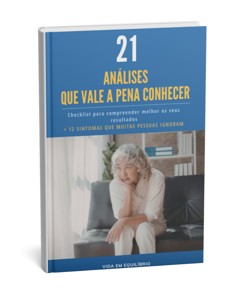 Mockup do ebook Vida em Equilíbrio com 21 análises que vale a pena conhecer, guia prático para interpretar resultados laboratoriais e sinais do corpo