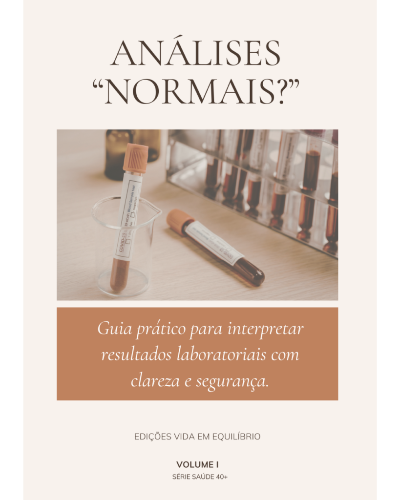 Capa do ebook “Análises Normais?” do projeto Vida em Equilíbrio, com tubos de ensaio com amostras de sangue e descrição de guia prático para interpretar resultados laboratoriais com clareza e segurança.