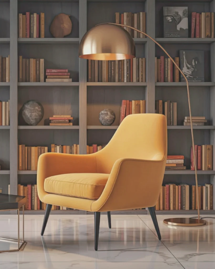 Cadeirão confortável junto a estante de livros, num ambiente acolhedor e elegante, representando um espaço de leitura, saúde e bem-estar associado ao Vida em Equilíbrio.