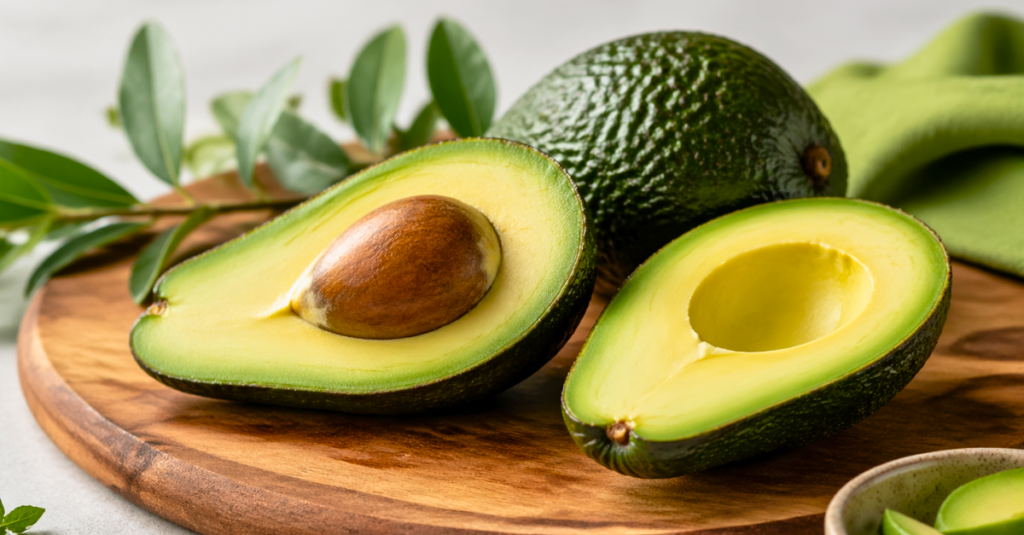 benefícios do abacate numa composição natural com abacate fresco cortado ao meio em fundo claro minimalista