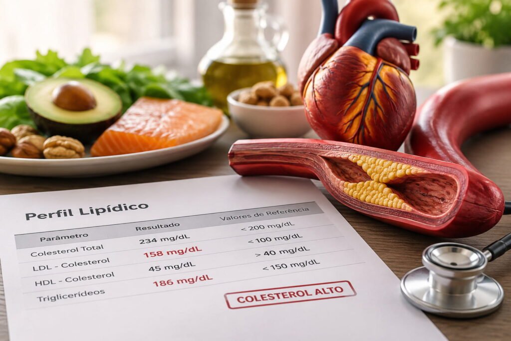 Ilustração realista sobre colesterol alto com análises ao sangue, artéria com acumulação de gordura e alimentos saudáveis para prevenção cardiovascular.