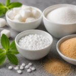 Adoçantes artificiais: o impacto escondido no açúcar Taças com açúcar, adoçantes artificiais e folhas de stevia sobre fundo neutro representando o impacto dos adoçantes artificiais no metabolismo
