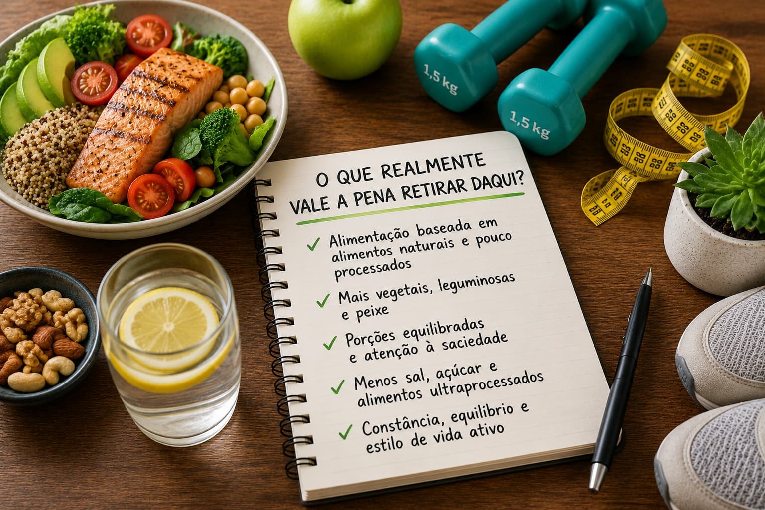 Alimentos naturais e hábitos equilibrados associados a uma alimentação saudável e controlo do peso corporal.