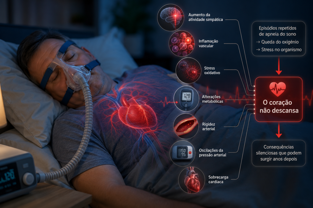 Apneia do Sono: o esforço invisível que desgasta o coração Ilustração médica mostrando como a apneia do sono pode afetar o coração através da redução de oxigénio, stress cardiovascular e oscilações da pressão arterial