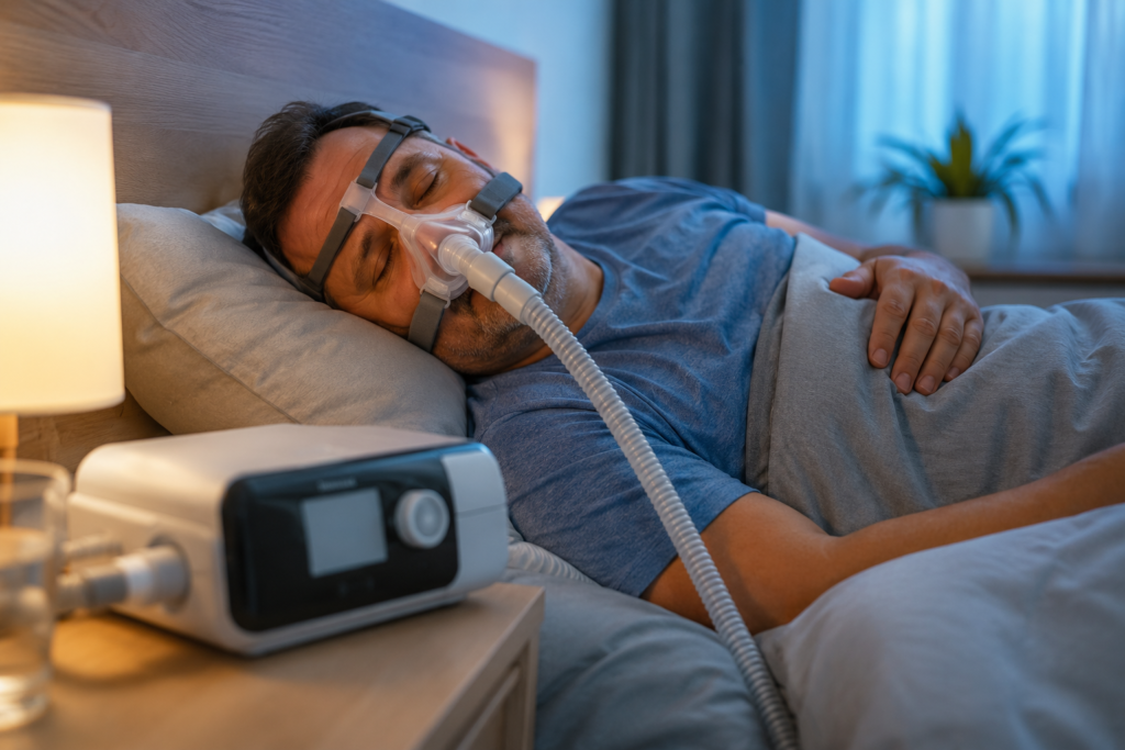 Homem a dormir com máscara CPAP ilustrando os efeitos da apneia do sono no coração e na qualidade do descanso