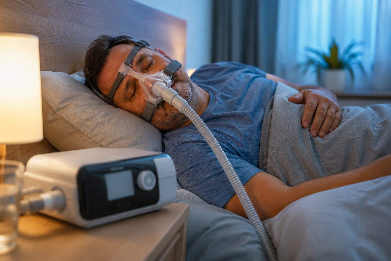 Apneia do Sono: o esforço invisível que desgasta o coração Homem a dormir com máscara CPAP ilustrando os efeitos da apneia do sono no coração e na qualidade do descanso