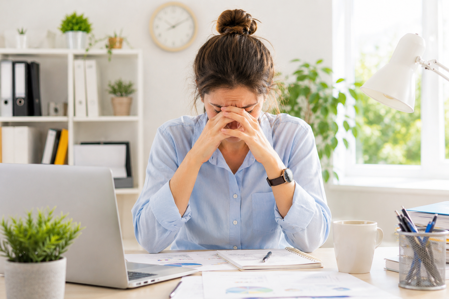 Burnout: quando o cansaço se torna vazio emocional Mulher emocionalmente exausta num escritório luminoso representando sinais de burnout e esgotamento emocional