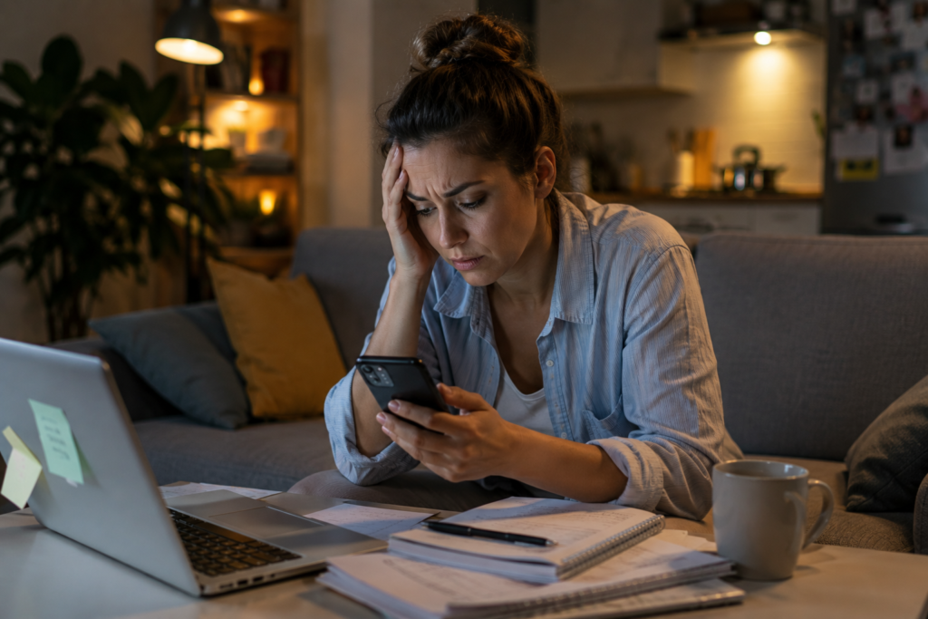 Burnout: quando o cansaço se torna vazio emocional Mulher cansada no sofá a olhar para o telemóvel durante a noite representando burnout emocional e estado de alerta constante