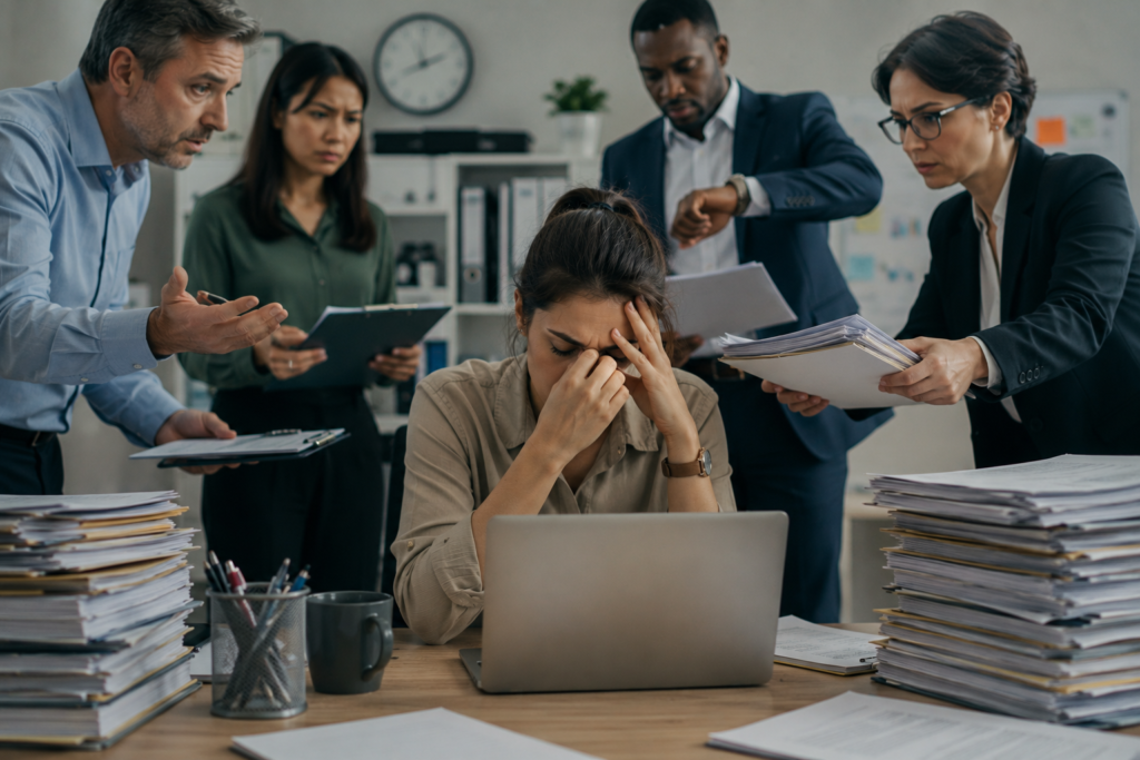 Burnout: quando o cansaço se torna vazio emocional Mulher sob pressão num escritório rodeada de burocracia e colegas ilustrando fatores organizacionais associados ao burnout emocional