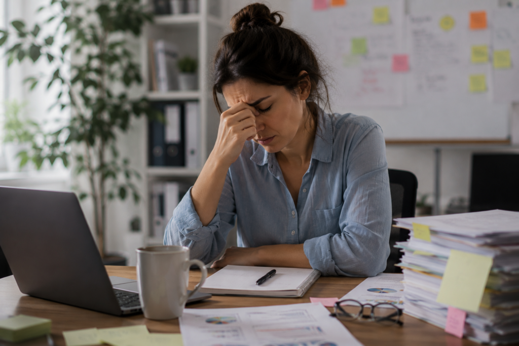 Burnout: quando o cansaço se torna vazio emocional Mulher cansada e emocionalmente esgotada num escritório em casa ilustrando sinais precoces de burnout emocional