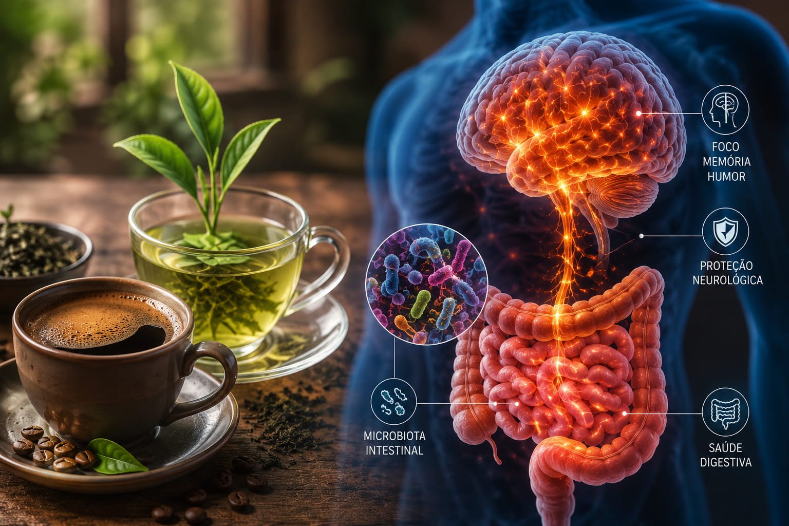 Intestino e cérebro: a ligação que surpreende ciência Imagem ilustrativa sobre café, chá e a relação entre intestino e cérebro através da microbiota intestinal e saúde neurológica