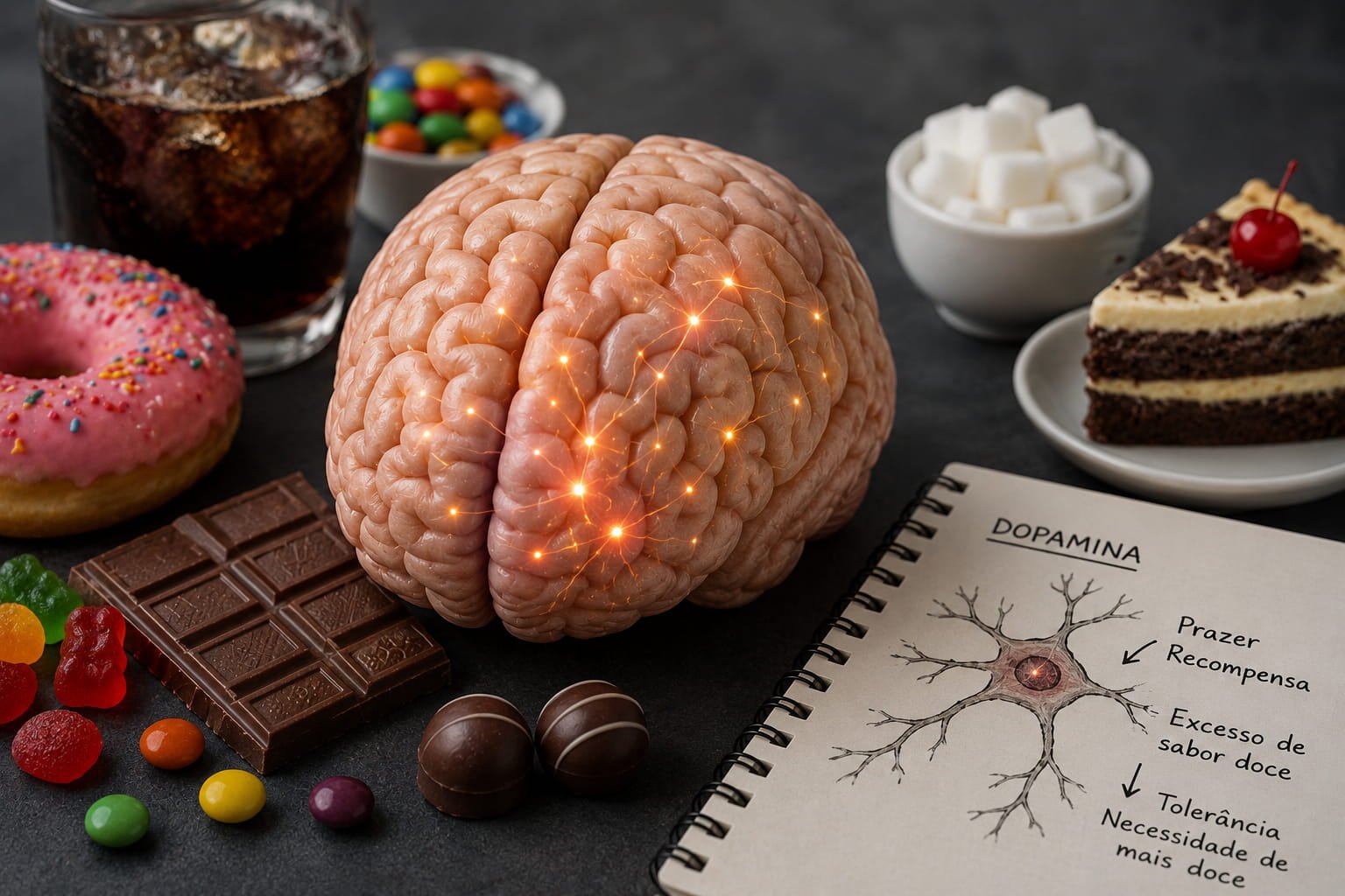 Cérebro humano rodeado por doces e açúcar representando a adaptação cerebral ao excesso de sabor doce