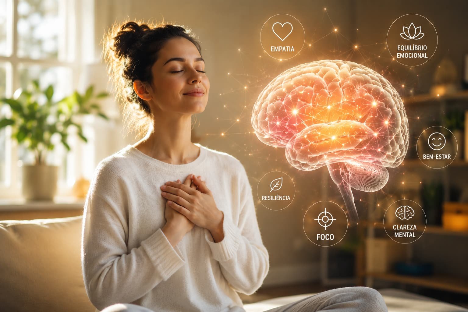 Mindfulness: o que muda no cérebro com meditação Mulher a praticar mindfulness num ambiente tranquilo enquanto uma ilustração cerebral luminosa simboliza equilíbrio emocional e bem-estar mental