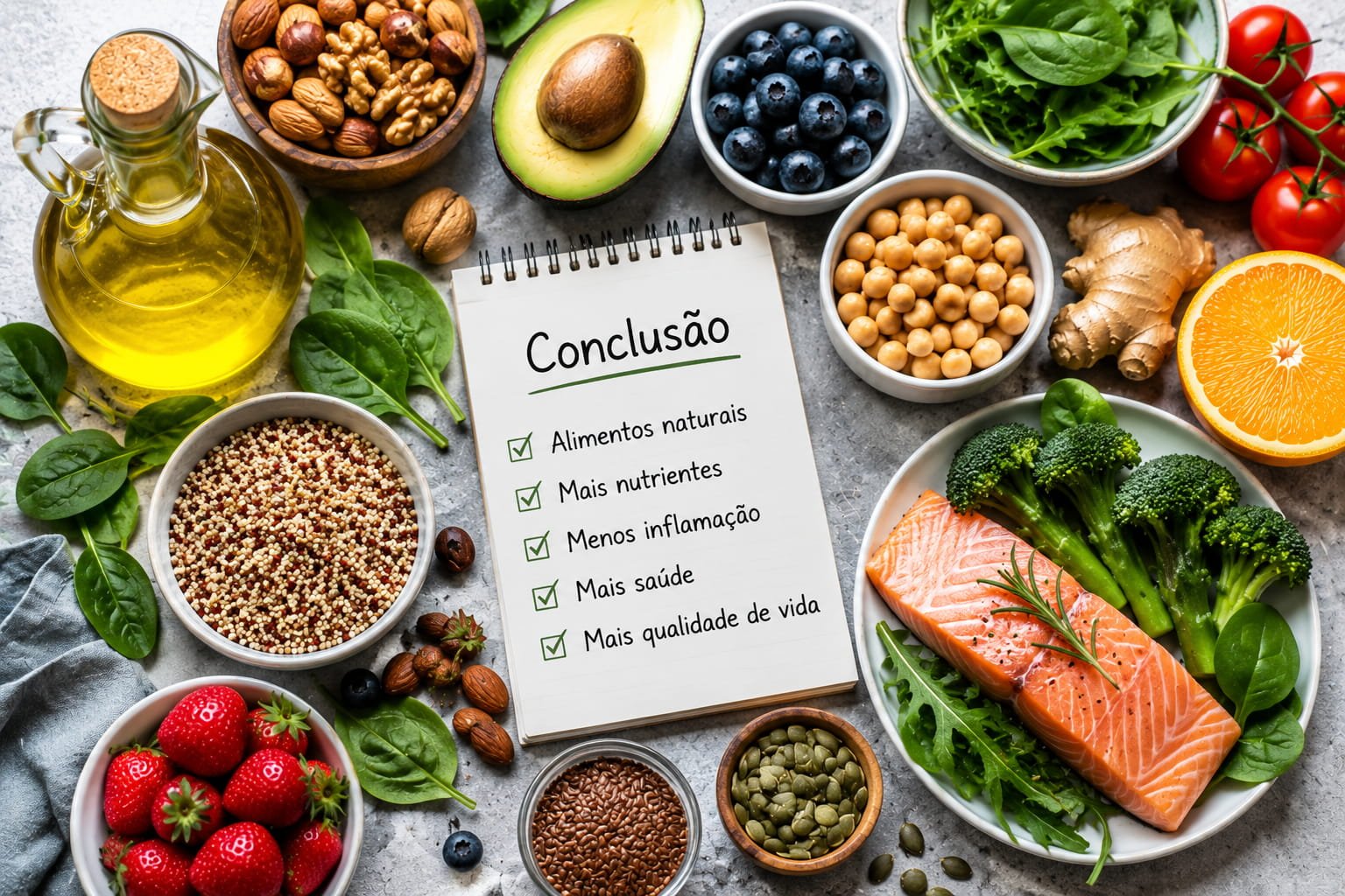 Alimentos naturais associados à dieta anti-inflamatória apresentados numa composição sobre saúde e bem-estar geral