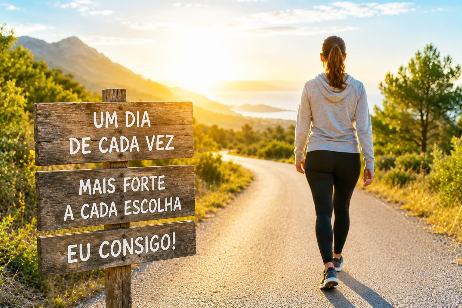 Mulher a caminhar numa estrada iluminada pelo sol enquanto um sinal motivacional simboliza a confiança após deixar de fumar