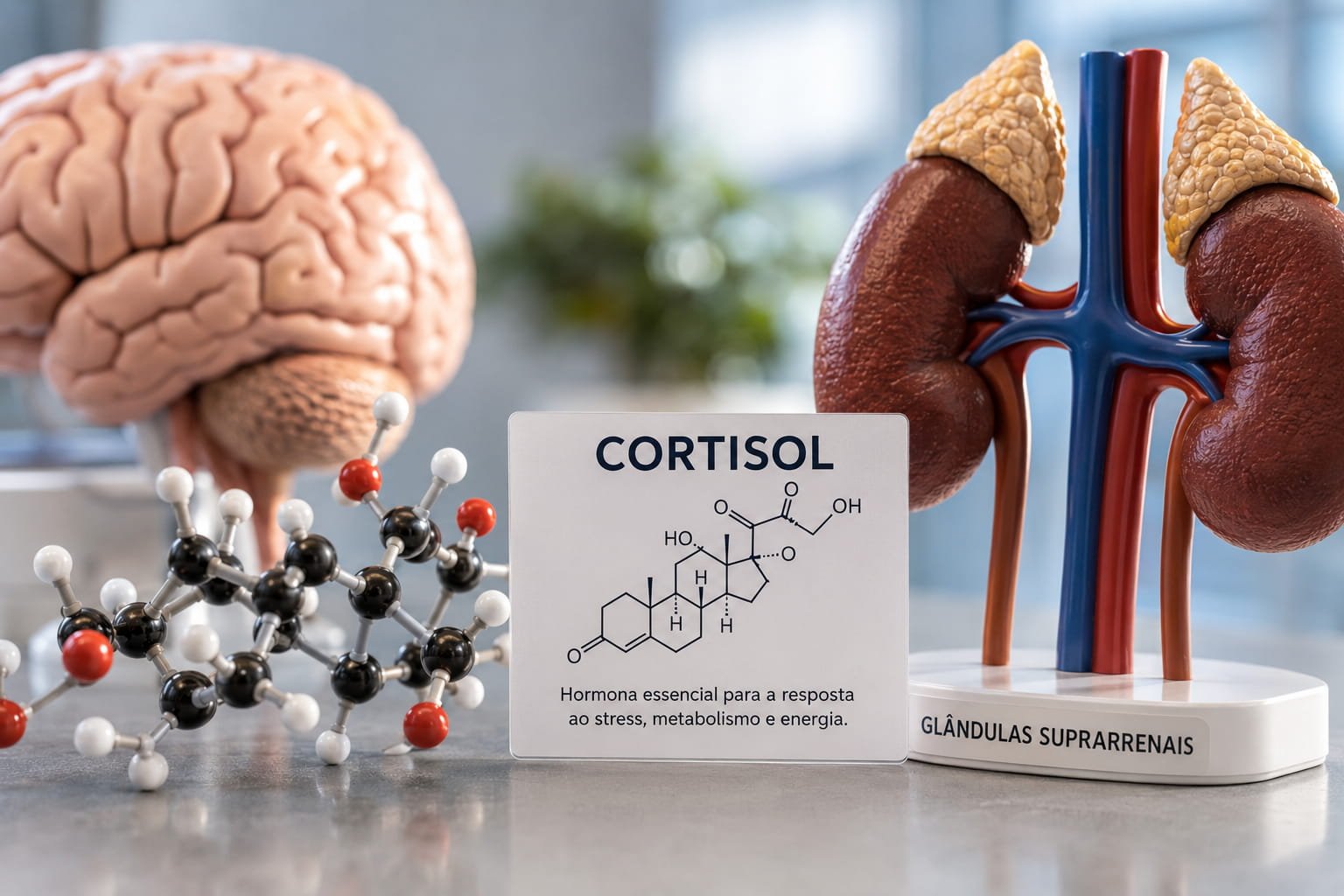 Representação científica do cortisol e das glândulas suprarrenais associadas ao stress e energia