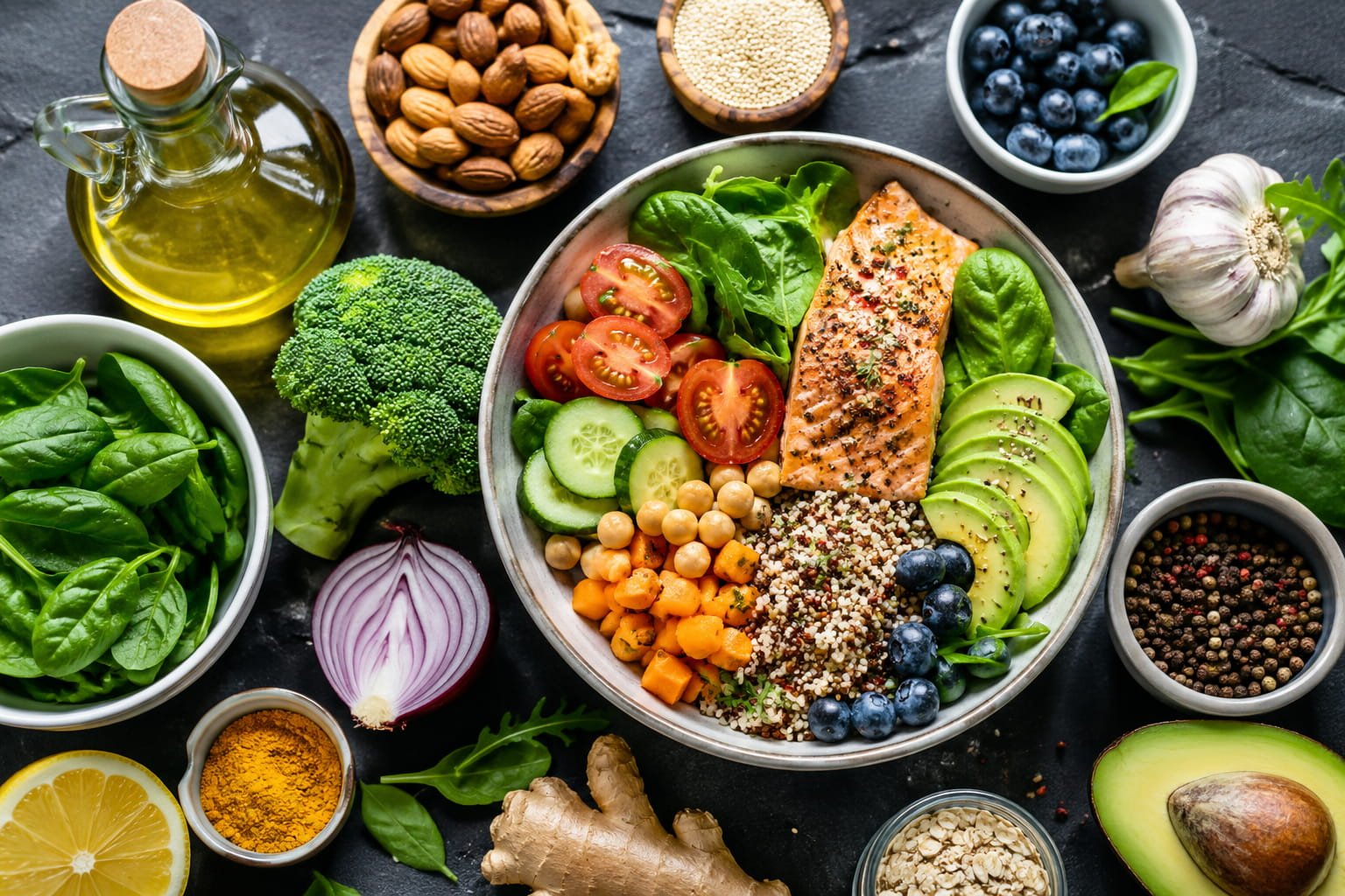 Dieta anti-inflamatória com alimentos naturais ricos em antioxidantes e ómega-3