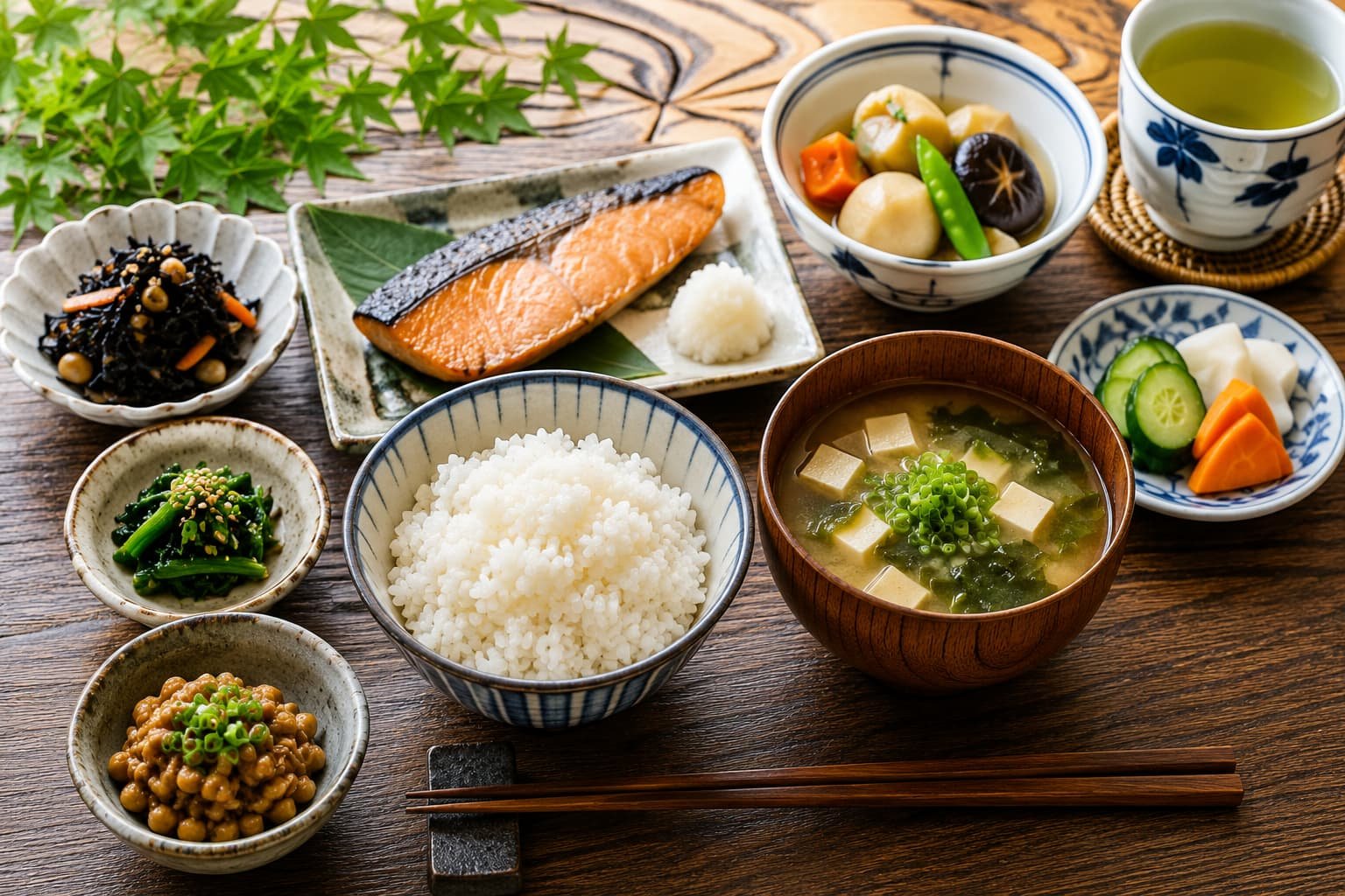 Refeição tradicional da dieta japonesa com peixe, arroz, miso, vegetais e chá verde associados à longevidade e saúde.