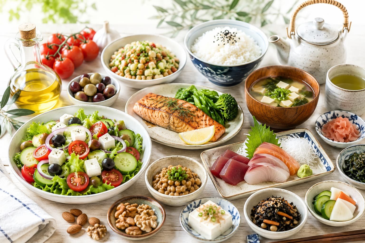Comparação entre dieta mediterrânica e japonesa com alimentos frescos ricos em nutrientes e gorduras saudáveis