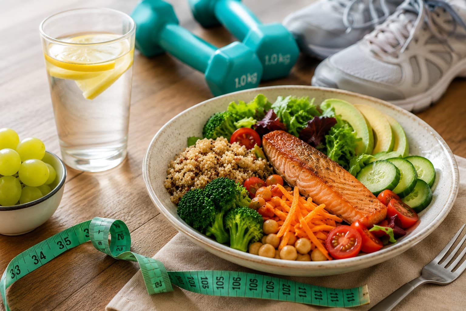 Refeição equilibrada com salmão, vegetais e cereais integrais associada ao controlo do peso e alimentação saudável.