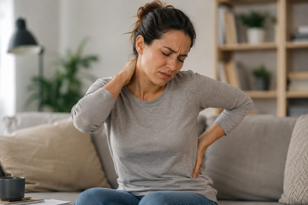 Cortisol elevado: o que o stress crónico faz ao seu cérebro Mulher com dores musculares e expressão cansada ilustrando os efeitos do cortisol elevado, stress crónico, fadiga e tensão muscular persistente