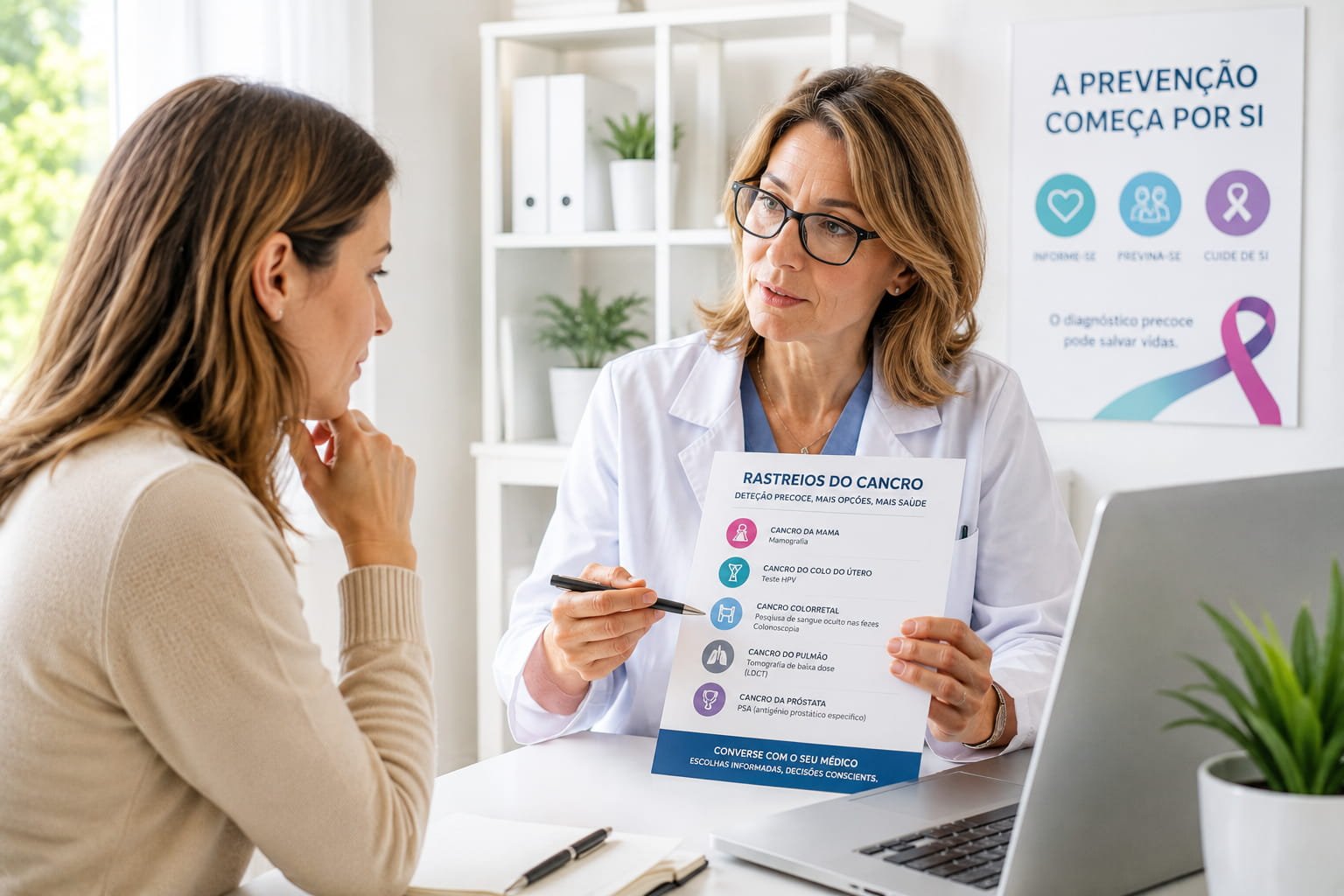 Médica explica opções de rastreios do cancro a paciente num consultório moderno e luminoso