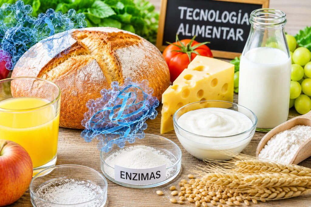 ão, queijo, leite e sumo representando enzimas utilizadas no processamento moderno de alimentos