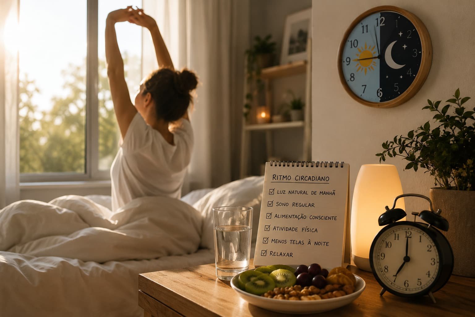 Mulher a despertar com luz natural num quarto tranquilo, representando hábitos saudáveis que ajudam a regular o ritmo circadiano e melhorar o bem-estar.