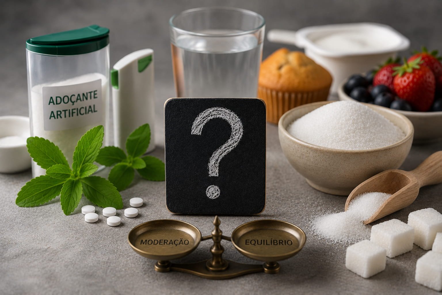 Adoçantes artificiais, açúcar e alimentos naturais representando equilíbrio e moderação no consumo de sabores doces