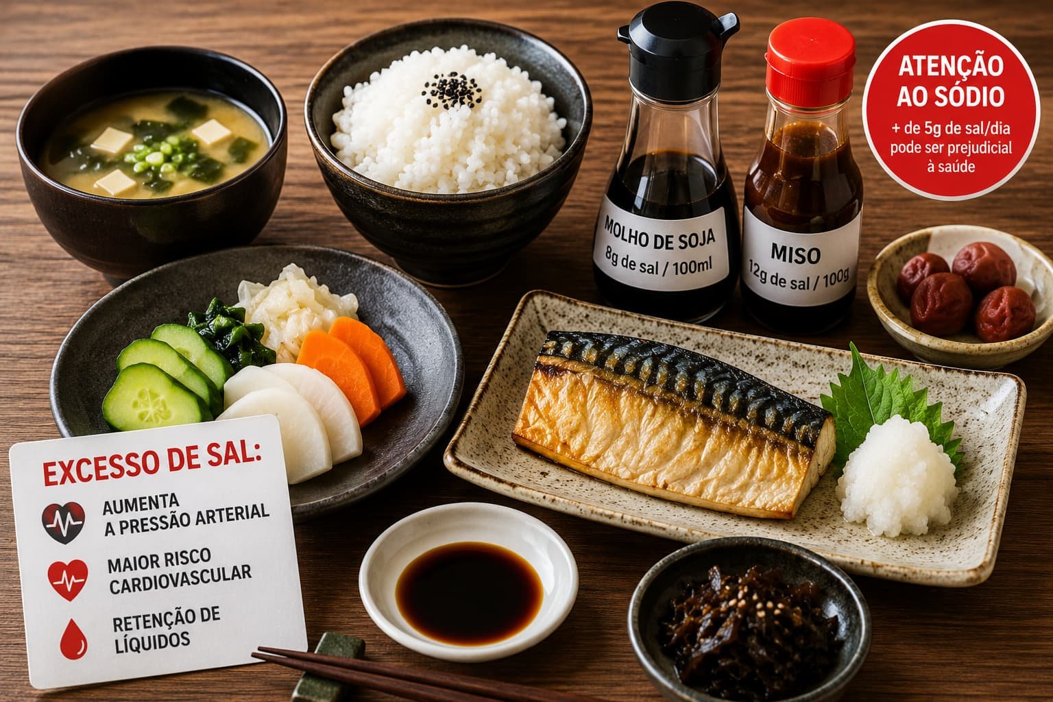 Refeição tradicional japonesa com molho de soja, miso e alimentos ricos em sódio associados ao risco cardiovascular.