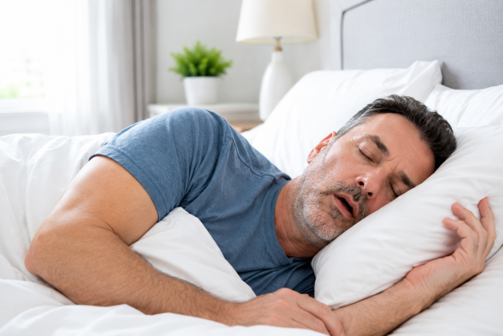 Homem a dormir num quarto claro representando os efeitos da falta de oxigénio durante o sono no coração