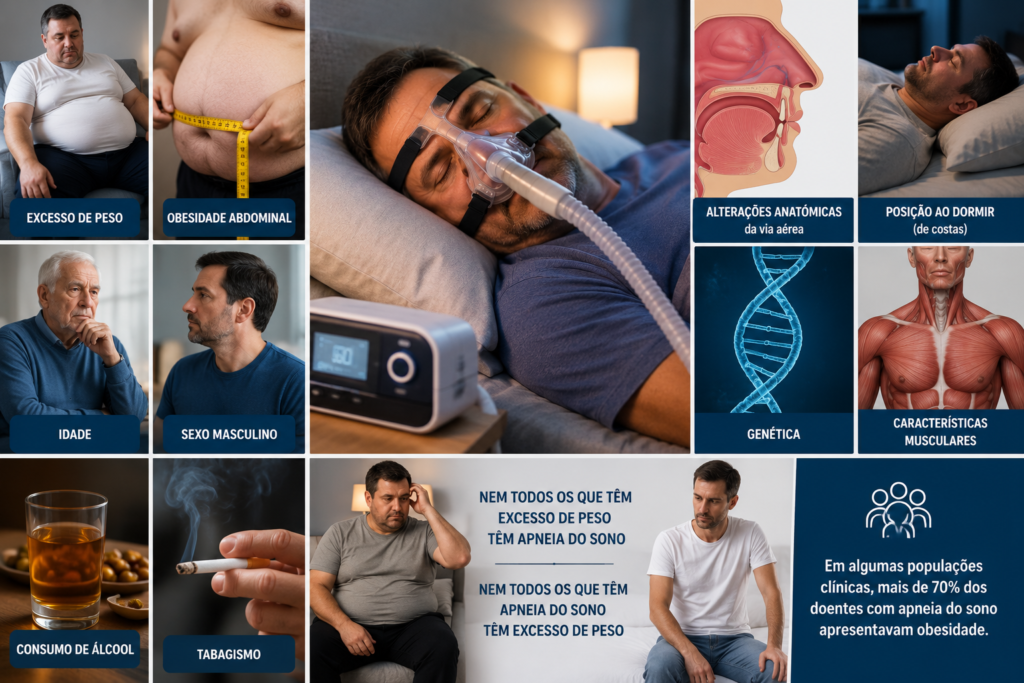 Apneia do Sono: o esforço invisível que desgasta o coração Infografia sobre fatores de risco da apneia do sono mostrando obesidade, idade, tabagismo, álcool, genética e alterações da via aérea associadas à doença
