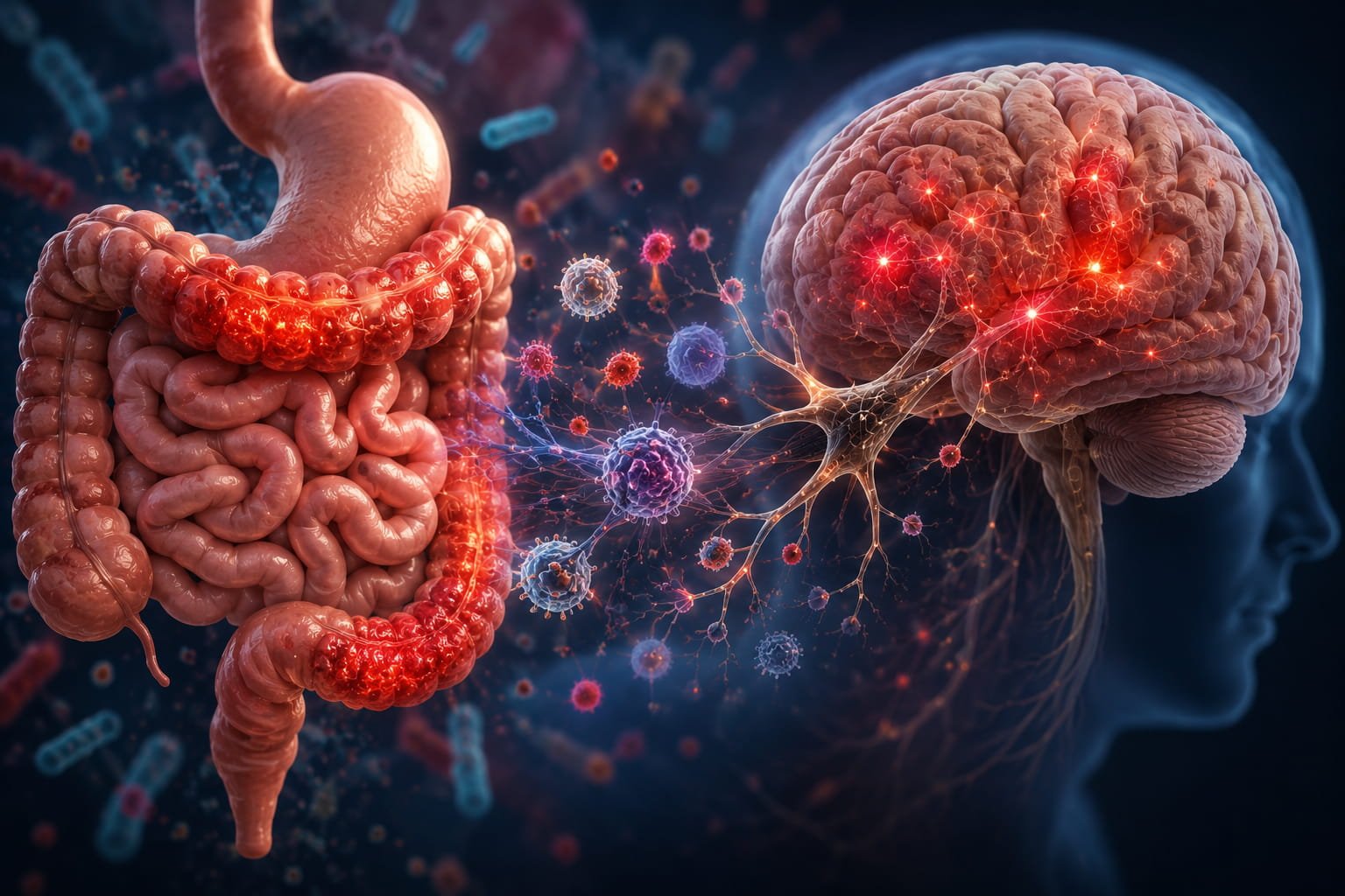 Intestino e cérebro: a ligação que surpreende ciência Ilustração científica mostrando inflamação entre intestino e cérebro e a influência da microbiota intestinal na saúde cerebral