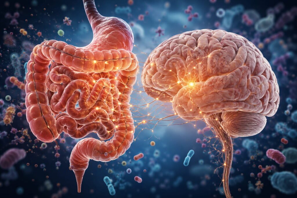 Ilustração científica da ligação entre intestino e cérebro e o impacto da microbiota intestinal na saúde cerebral
