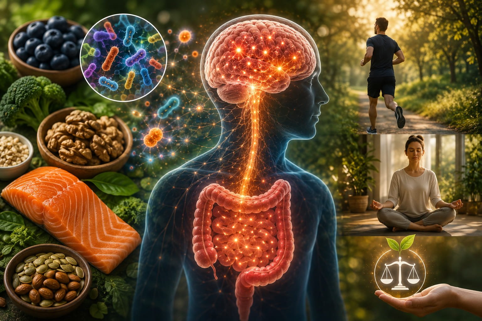 Intestino e cérebro: a ligação que surpreende ciência Imagem científica ilustrando a ligação entre intestino e cérebro e a influência da microbiota intestinal na saúde cerebral e bem-estar geral