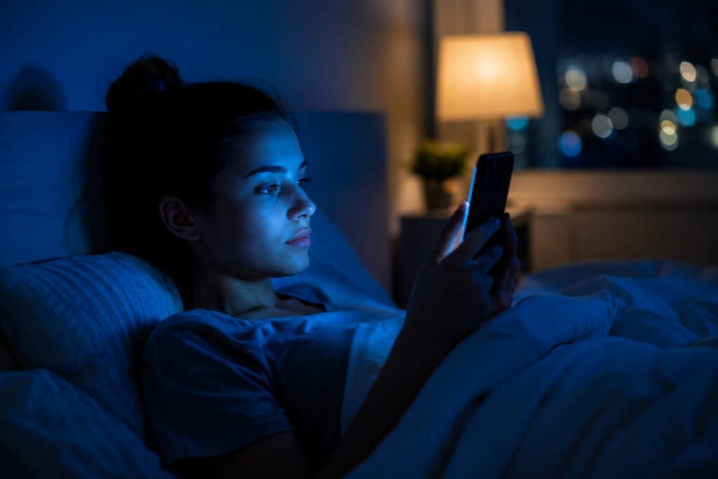 Mulher a usar telemóvel na cama durante a noite com luz azul a iluminar o rosto