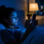 Luz azul à noite: o hábito que afeta o sono e o cérebro Mulher a usar telemóvel na cama durante a noite com luz azul a iluminar o rosto