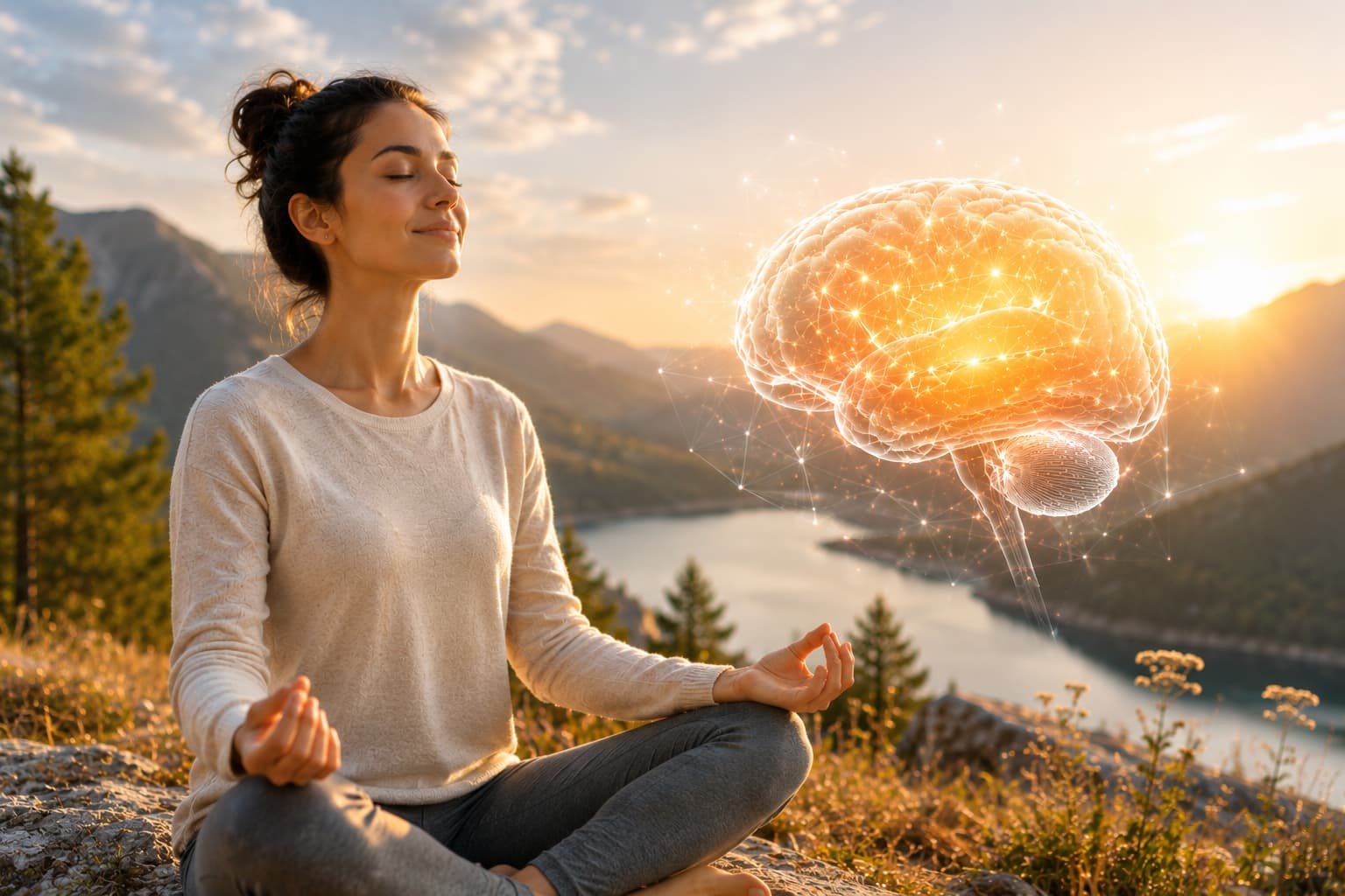 Mindfulness: o que muda no cérebro com meditação Mulher a praticar mindfulness ao pôr do sol enquanto uma ilustração luminosa do cérebro simboliza equilíbrio mental, foco e bem-estar emocional