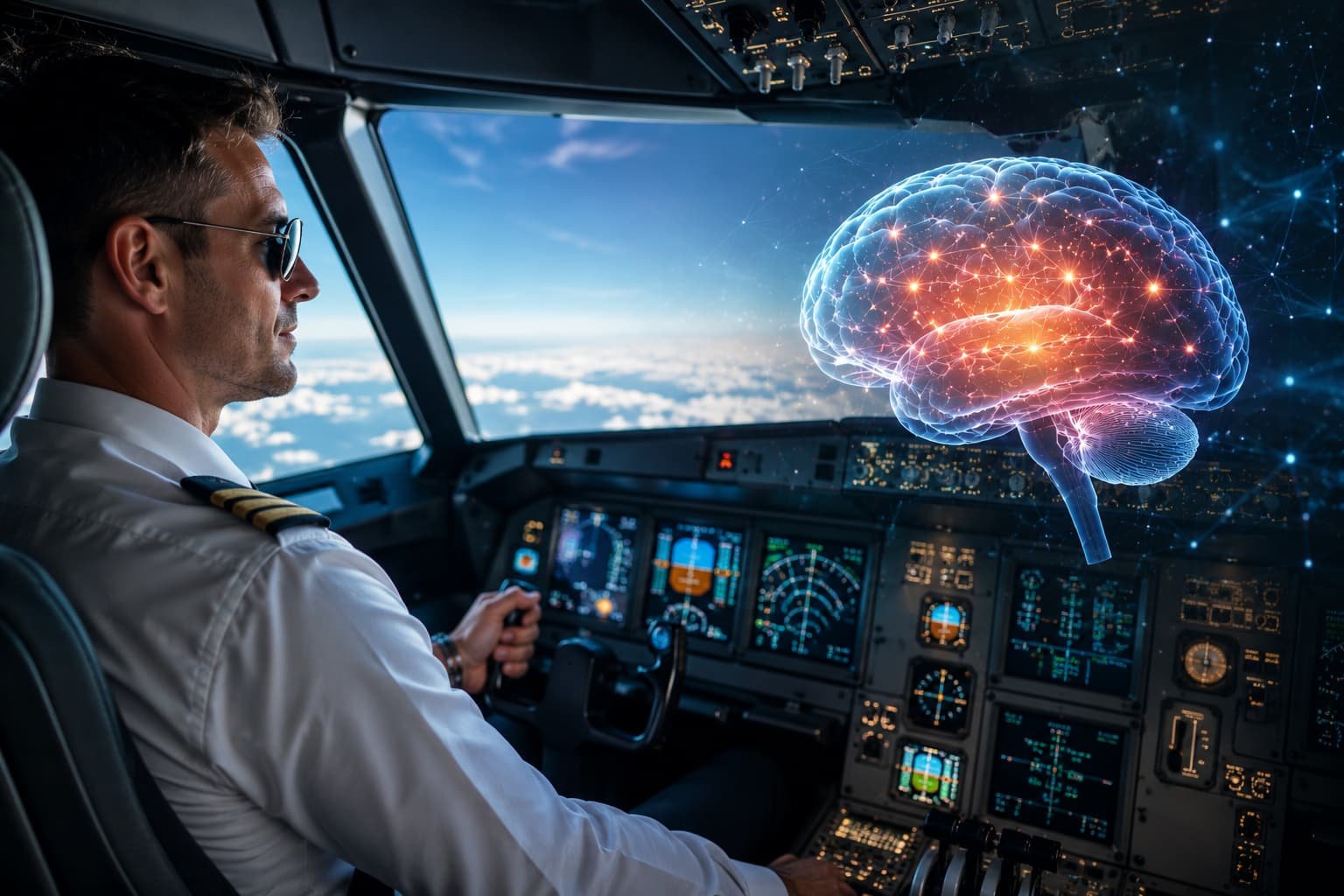 Mindfulness: o que muda no cérebro com meditação Piloto de avião concentrado na cabine enquanto uma ilustração digital do cérebro simboliza foco, stress e mindfulness na aviação