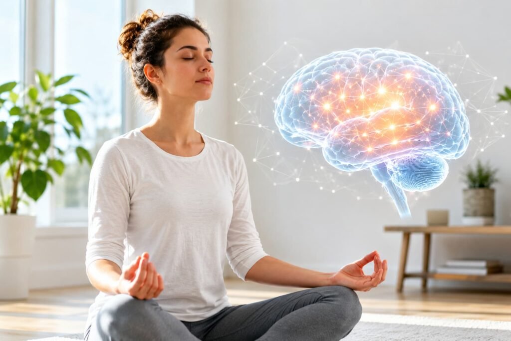 Mulher a praticar mindfulness enquanto uma ilustração luminosa do cérebro simboliza neuroplasticidade e meditação