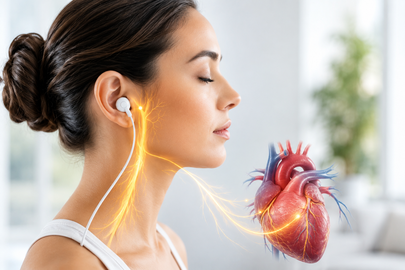 Nervo Vago e Coração: a terapia que começa na orelha Ilustração sobre nervo vago e coração com estimulação auricular e ligação entre sistema nervoso e saúde cardíaca