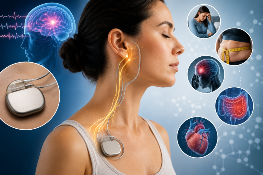 Nervo Vago e Coração: a terapia que começa na orelha Ilustração médica sobre estimulação do nervo vago mostrando dispositivo implantado e possíveis aplicações em epilepsia, coração e bem-estar