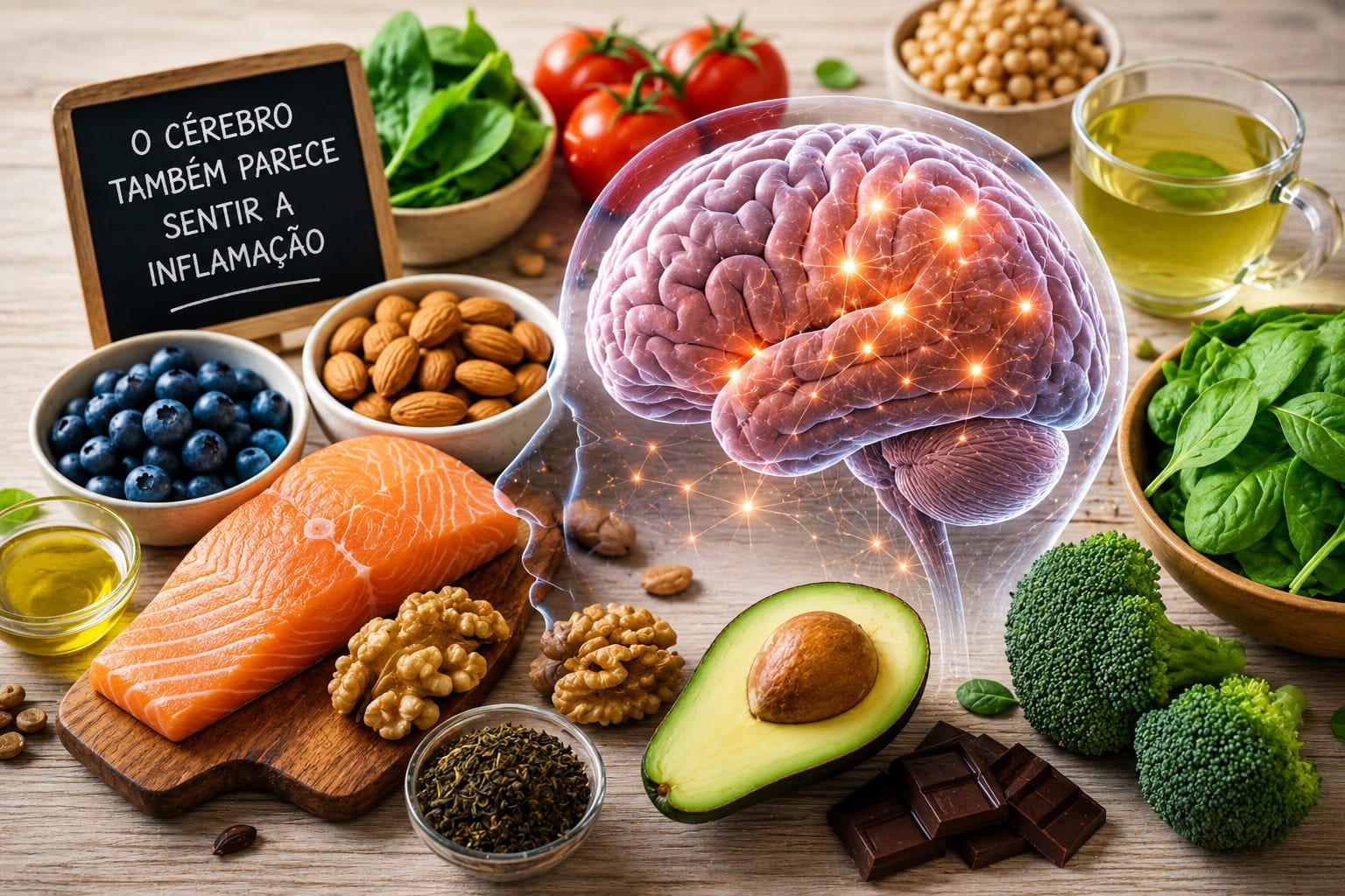 Alimentos associados à dieta anti-inflamatória e à saúde cerebral num conceito visual sobre inflamação e cérebro