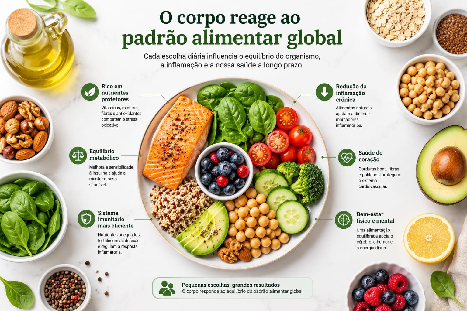 Alimentos naturais associados a uma dieta anti-inflamatória e ao equilíbrio do organismo